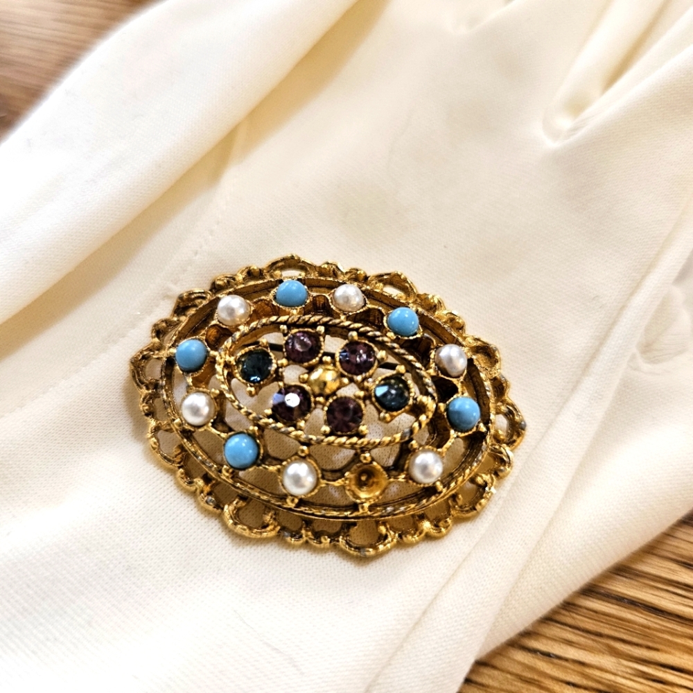 Vintage Gold and Blue Brooch